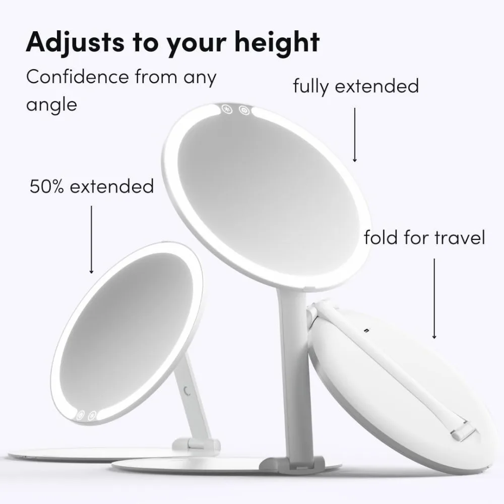 Rechargeable LED Travel Makeup Mirror with 3 Color Lights, Foldable Stand, Dimmable & Lightweight for Portable Vanity
