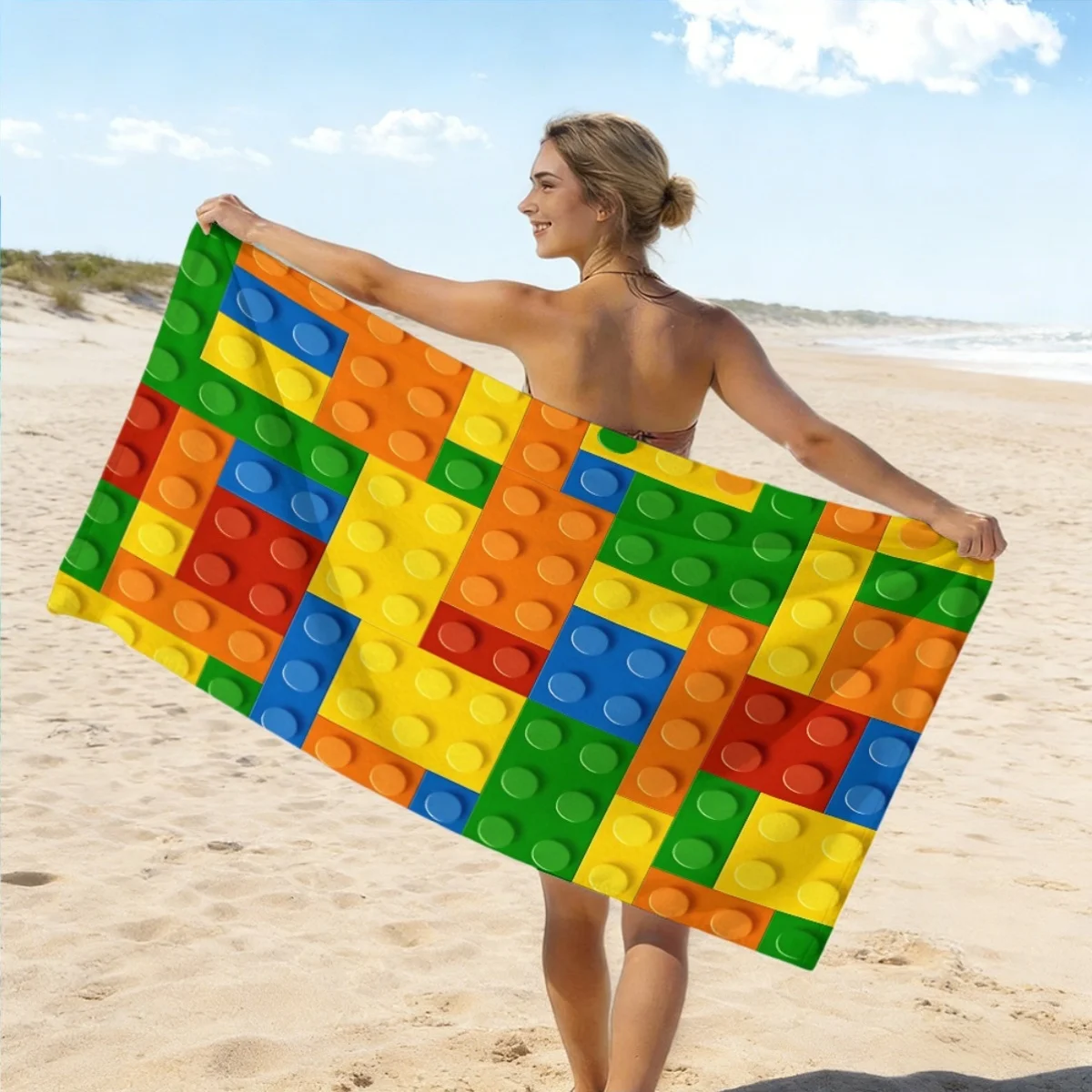 Colorful Building Block Pattern Beach Towel Absorbent Soft for Pool Beach Camping Summer Vacation Essential
