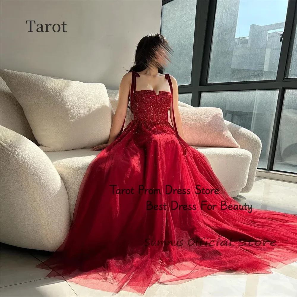 Tarot Red Spaghetti Straps Prom Dresses Tulle A Line Elegant Evening Dress For Women Floor Length Saudi Arabia فساتين سهرة