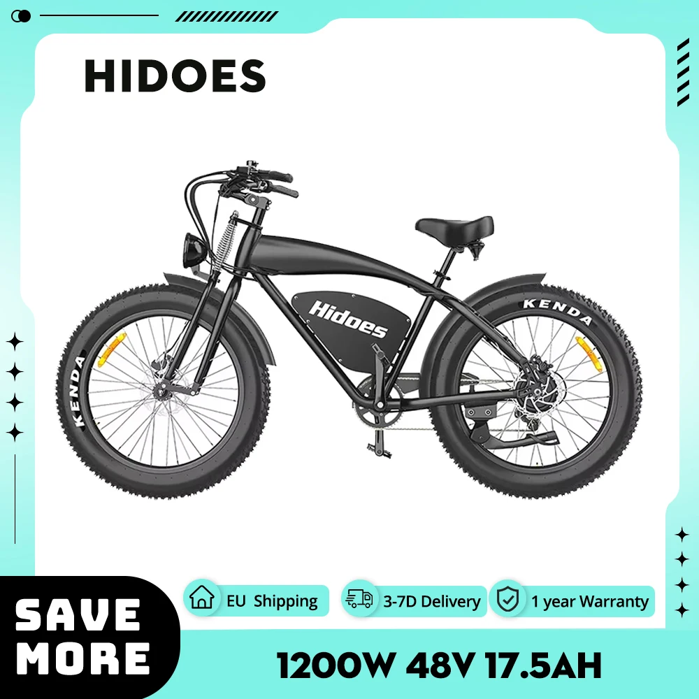 Hidoes B3 Electric Mountain Bike 26*4.0Inch Off-Road Fat Tires 1200W Brushless Motor 25Km/h Max Speed 48V 17.5Ah 50-60KM Mileage