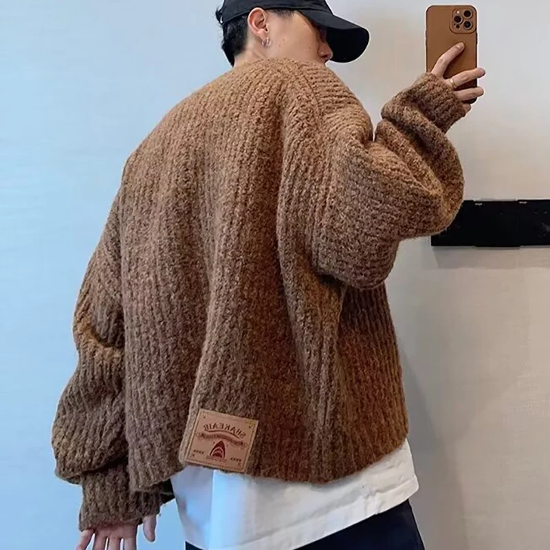 Herbst Winter männer Einfarbig Strickjacke Pullover Strickwaren Koreanische Taste Strickjacke Männlichen Vintage Pullover Hip-Hop Streetwear – Detail 16