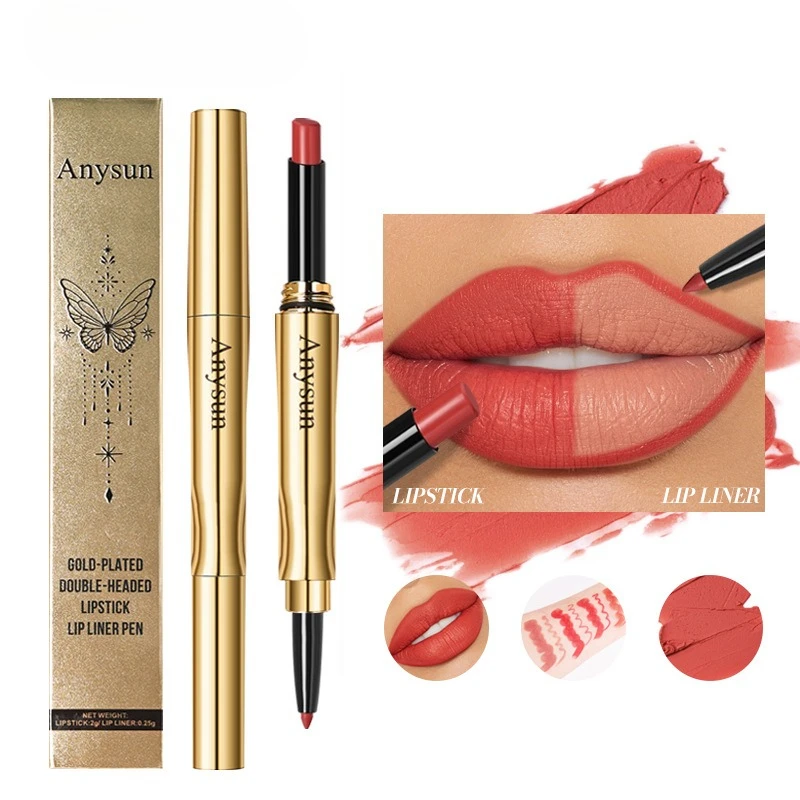 2-in-1 Lipstick & Lip Liner Pen, Dual-Ended Velvet Matte Lipstick, Waterproof & Sweatproof, Easily Define Perfect Lip Shapes