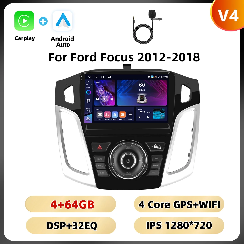 Podofo 2Din 8 + 128G Autoradio Voor Ford Focus 2012-2018 Multimedia Speler AI Voice WIFI 4G Carplay Android Auto USB Spiegel Link