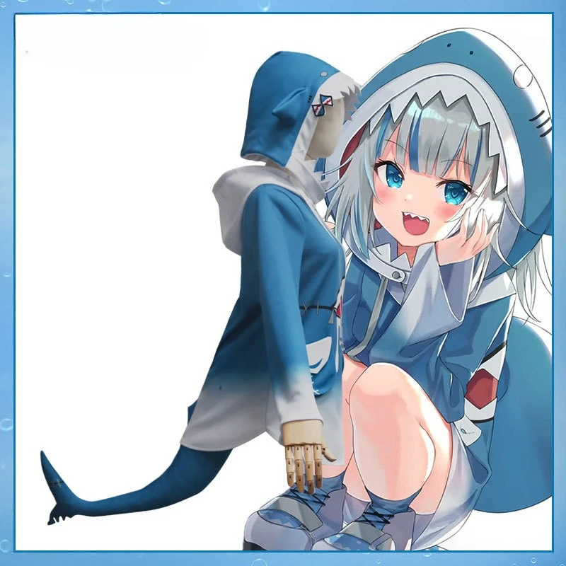 ANIMECC في المخزون Gawr Gura Shark أزياء تنكرية Hololive Vtubers شعر مستعار تأثيري قبعة الذيل مجموعات كاملة ملابس الهالوين للنساء