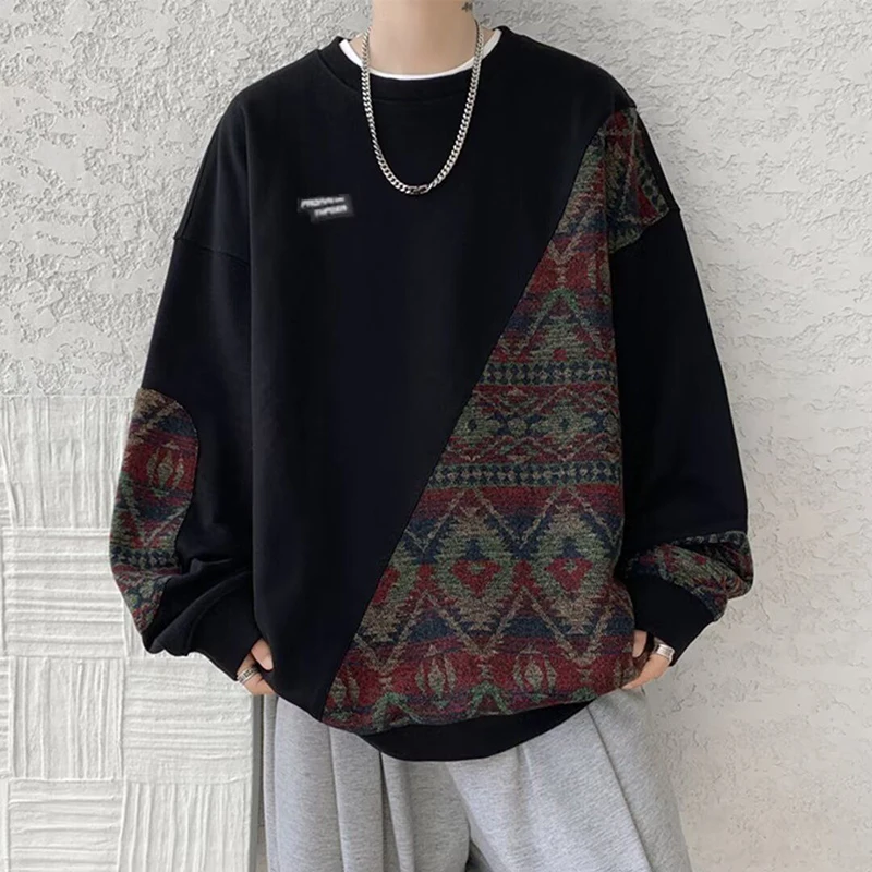 Vintage Nationality Print Spliced Men O Neck Long Sleeve Sweatshirt Autumn Winter Fashion Harajuku Casual 2xl Oversized Pullover