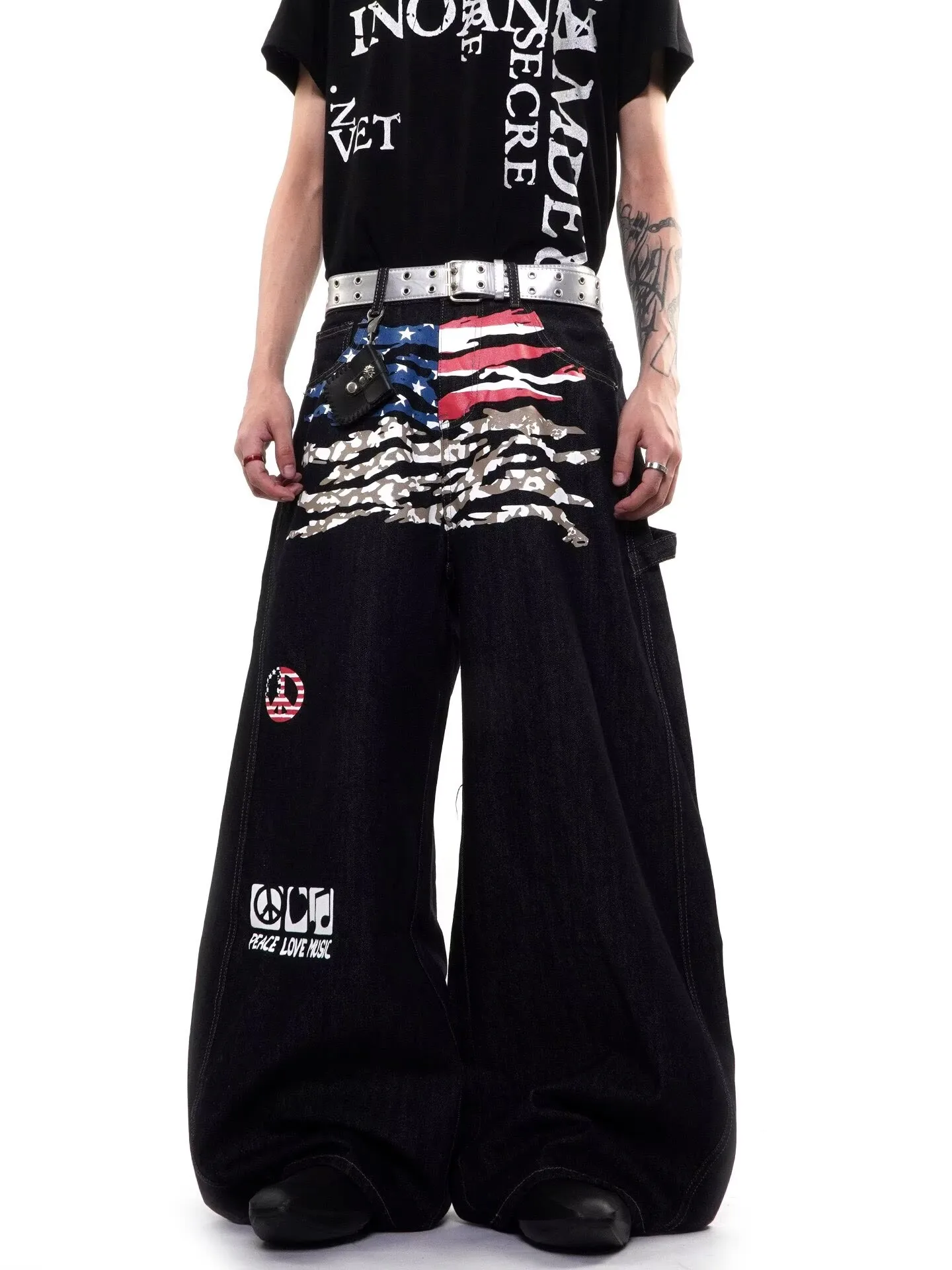 Black Gothic American Flag Letter Print trousers fashionable street men pants letter retro Harajuku men and women pants