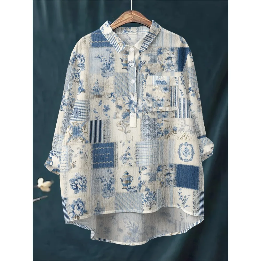 قميص نسائي أزرق أبيض مطبوع عليه زهور بأكمام طويلة نصف زر للأسفل مع حاشية غير متماثلة، قطع علوية فضفاضة ناعمة قابلة للتنفس