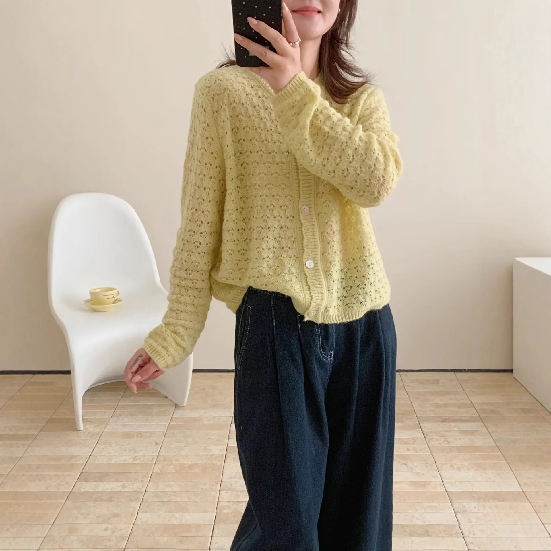 Feminino malha lã mistura em torno do pescoço aberto cardigan início do outono novo estilo outerwear camisola verde estilo coreano topo