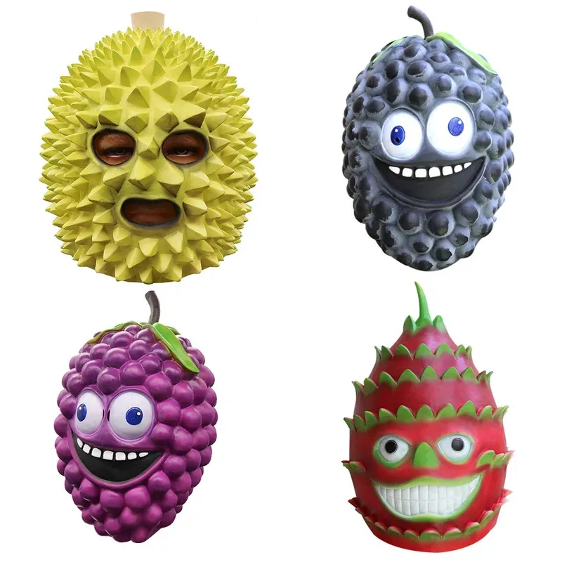 Máscara de piña novedad Halloween Cosplay fruta máscara de látex cara completa casco divertido dragón fruta uva Durian accesorio de disfraz