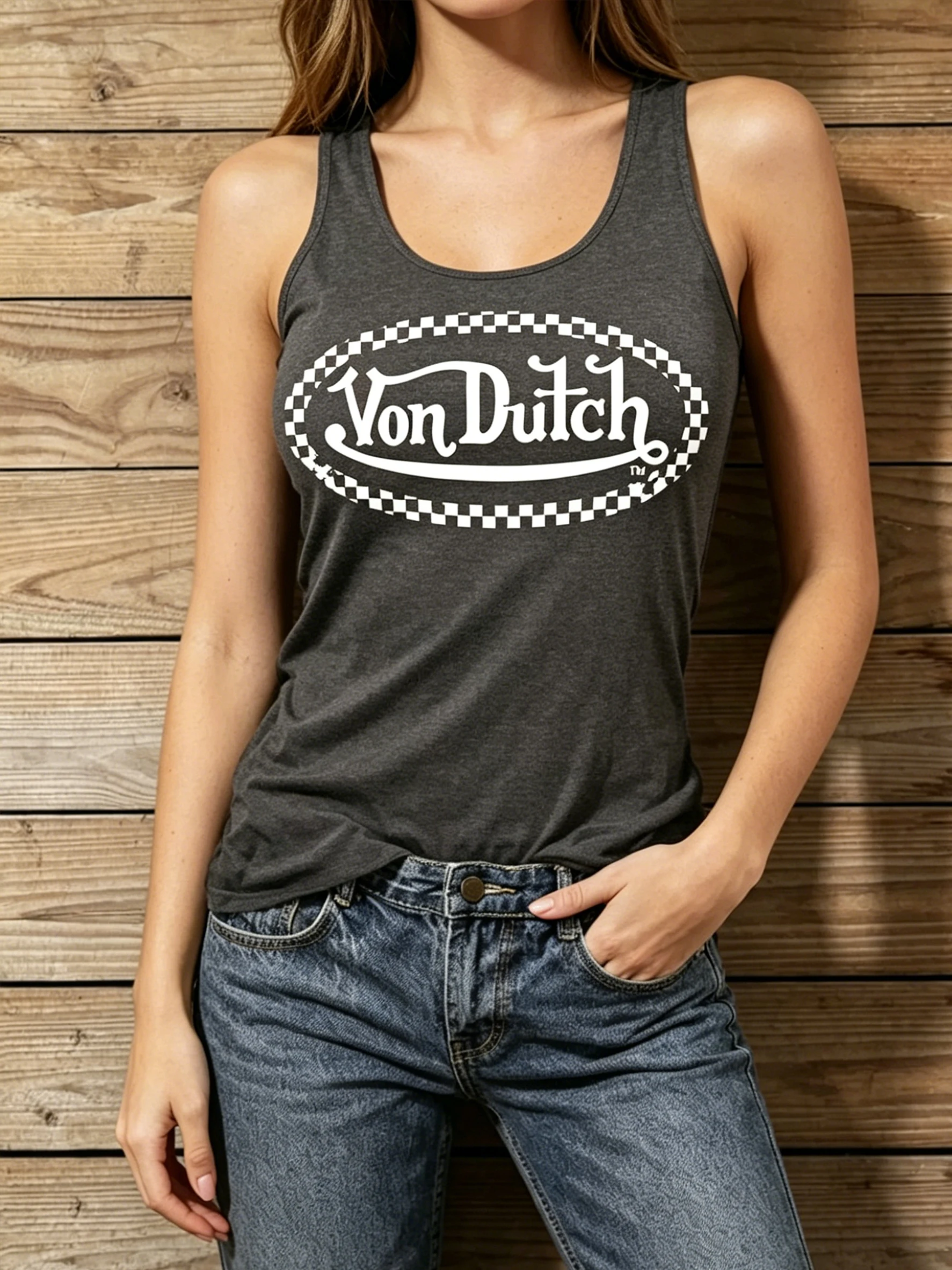 Women's Y2K American Street Retro-Style Checkered Border Printed Casual Tank Top, for Summer Sports Use