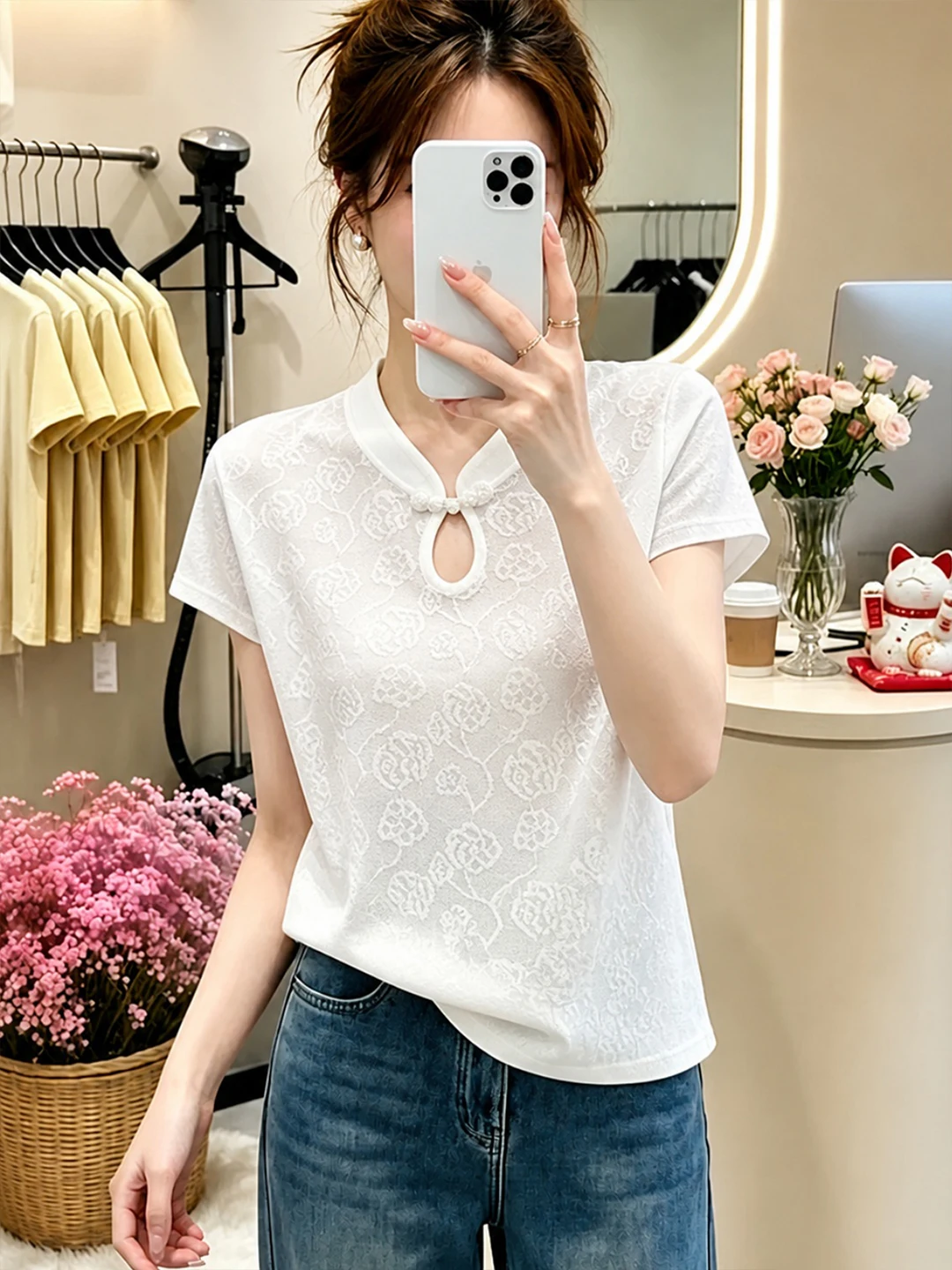 

New Chinese Style Knitted Short Sleeve Sweater Hollow out Embroidery Stand Collar Overhead Design Summer Versatile Simple Wom...