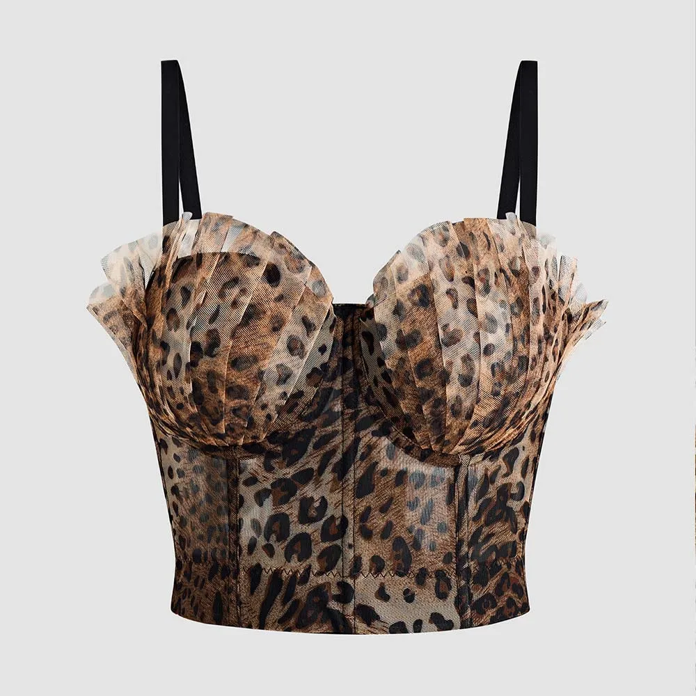 Sexy Mesh Pleated Leopard Print Lady Corset Chic Animal Print Bustier Transparent Party Tank Top Nightclub Girl Events Crop Top