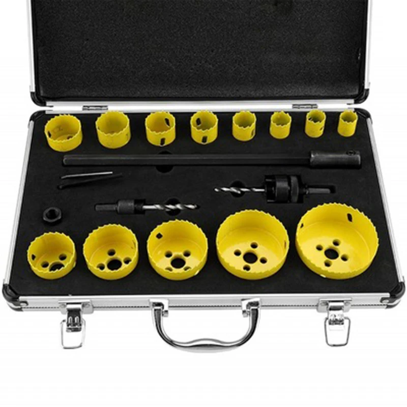 19pcs Yellow Metal Hole Saw Cutter Kit Blade Drilling Tool Arbor Pilot Drill Set for Wood  Carpenter Plumber