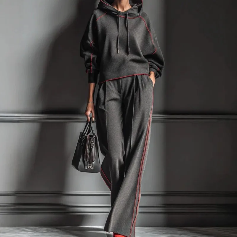 2026 New Women's Autumn/Winter Pants Set, Color Contrasting Hooded Fashionable And Comfortable With Pocket Casual Warm Pants Set