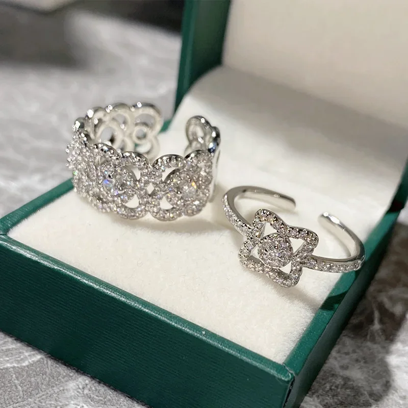 MDLFES مويسان الماس نمط زهرة كامل الماس زركونيا أربع أوراق البرسيم حلقة مفتوحة موضة زوجين ارتفع ضوء خاتم فاخر