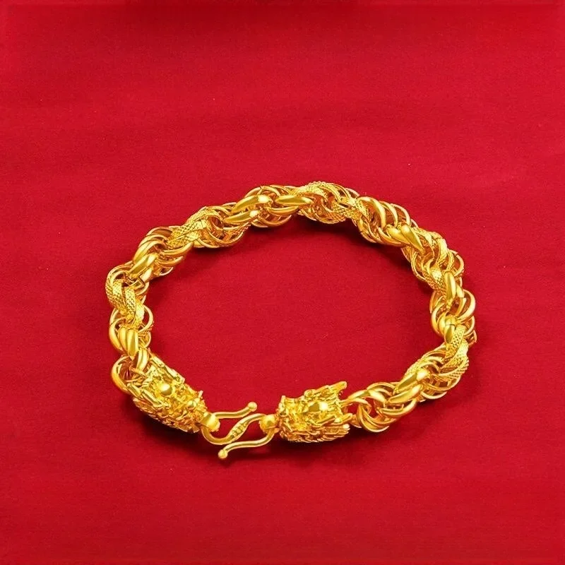 

9999 24K Real Gold Dragon Pattern Bracelet Domineering Double Dragon Head Fried Dough Twists Bracelet Gold Bracelet
