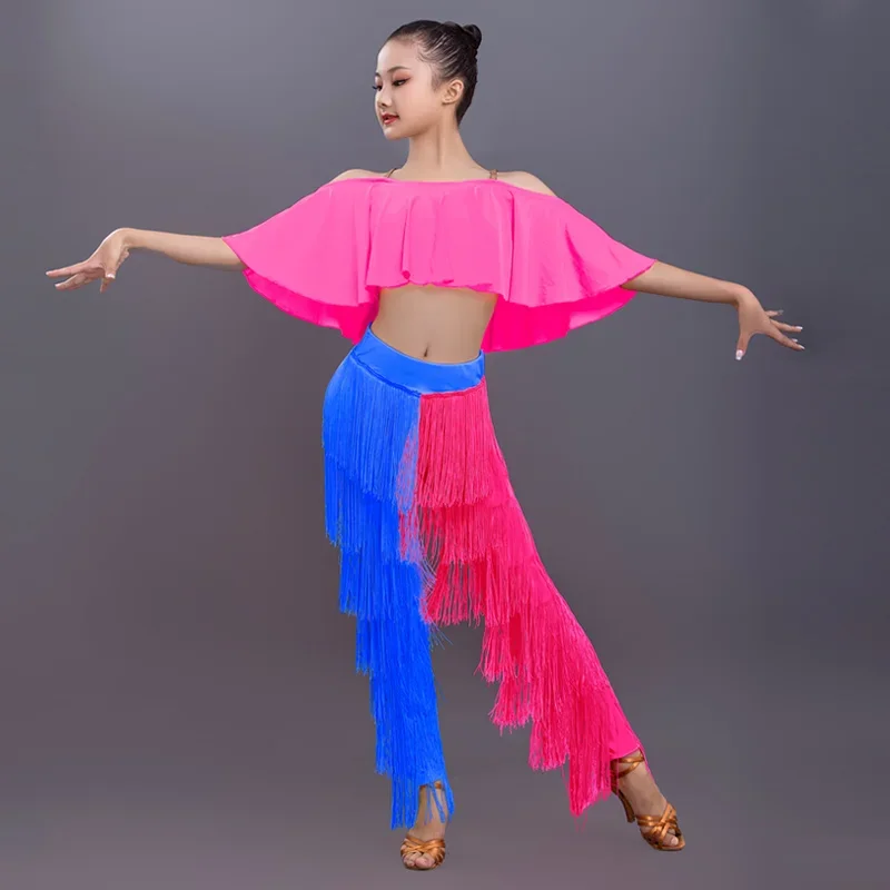 Girls Yellow Cropped Tops Fringed Trousers Suit Children Performance Dress Competition Costume Latin Dance Clothing Set