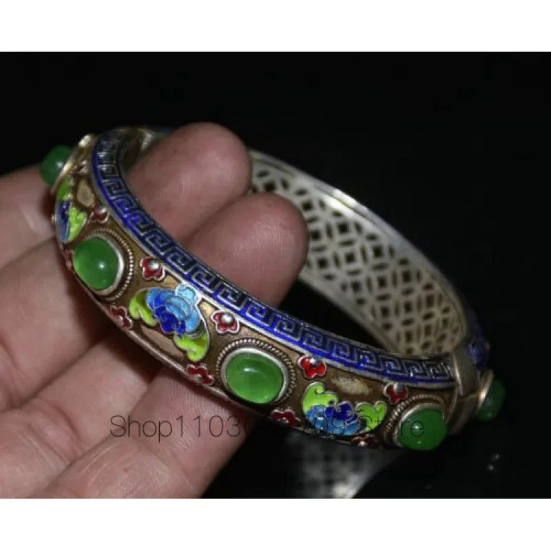 8cm Old China Miao Silver Enamel Inlaid Green Gem Bat Flower Beauty Bracelet