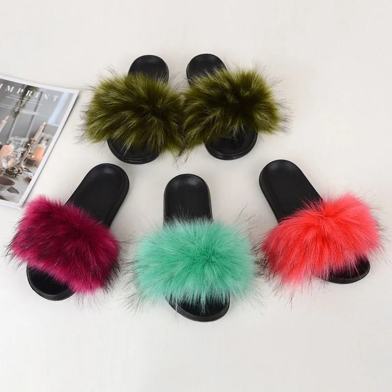 Kids Non-Slip Slippers Girl Fluffy Faux Raccoon Fur Slides Furry Home Floor Flip Flops Children  Girls Fur Shoes  CSH953