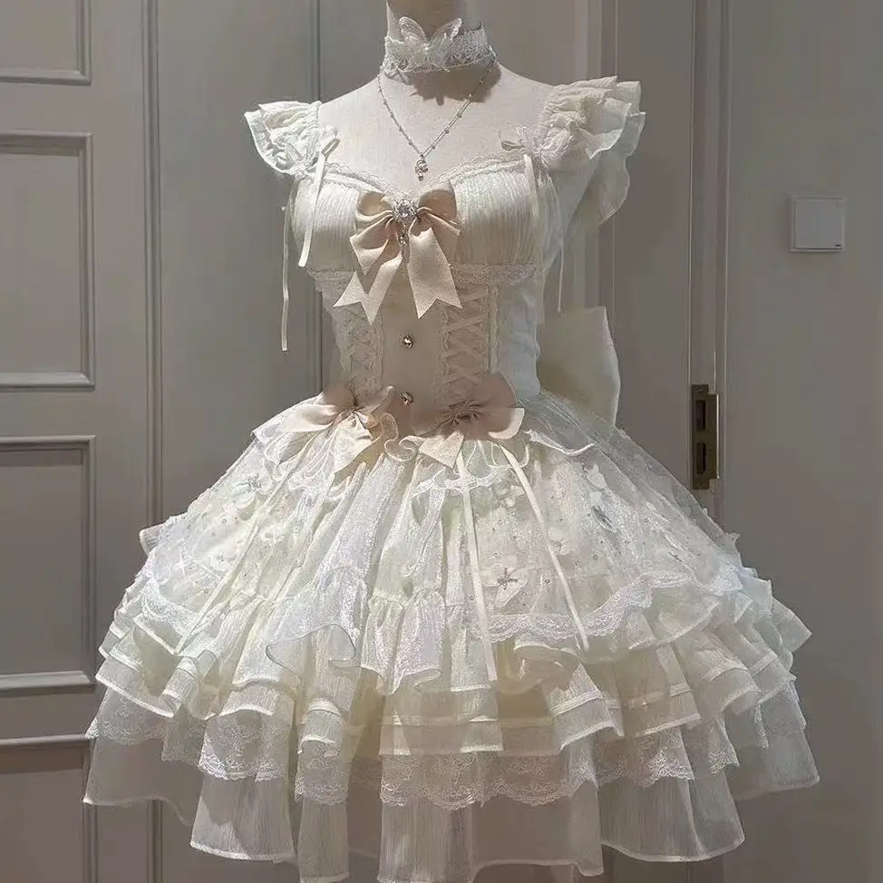 الحلو الأميرة لوليتا فستان حفلة امرأة أنيقة Y2k شيك القوس الجنية خمر فستان سليم زهرة الدانتيل ملابس الرجعية الصيف اليابانية #1