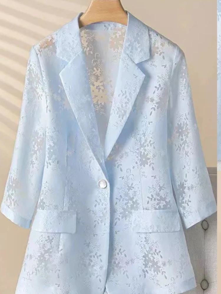 Summer New Light Blue Jacquard Seven Quarter Sleeve Suit Jacket with One Button Breathable Commuting Style Women's Suit Top