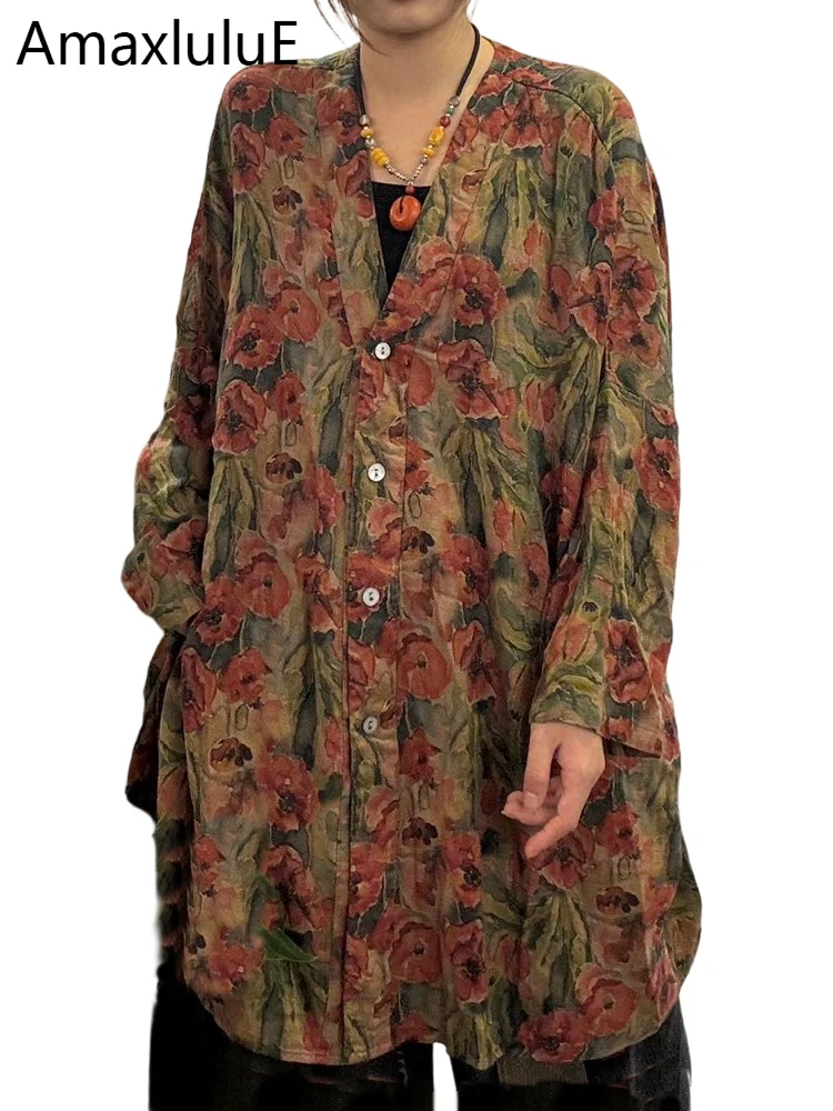 

Amax LuluE весенние модные винтажные рубашки с v-образным вырезом и принтом, женские свободные длинные блузки с цветочным принтом, женские роскошные хлопковые льняные топы для отдыха