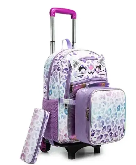 Mochila escolar con ruedas para niñas, bolsa de almuerzo, juego de bolígrafos, mochila escolar con ruedas
