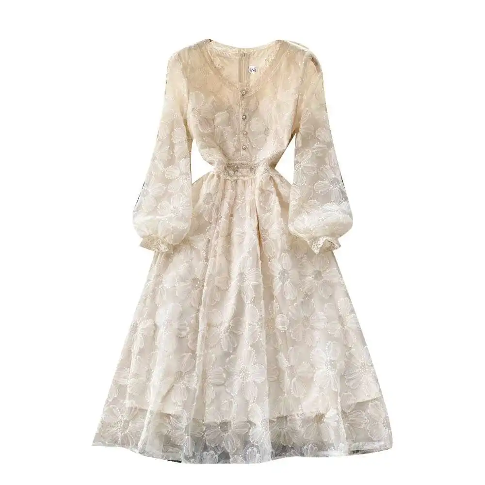 JAMERARY-Robe blanche en tulle brodé de fleurs pour femmes, robe de Rhde vacances, manches longues, perles évidées, robe midi sexy, piste éducative