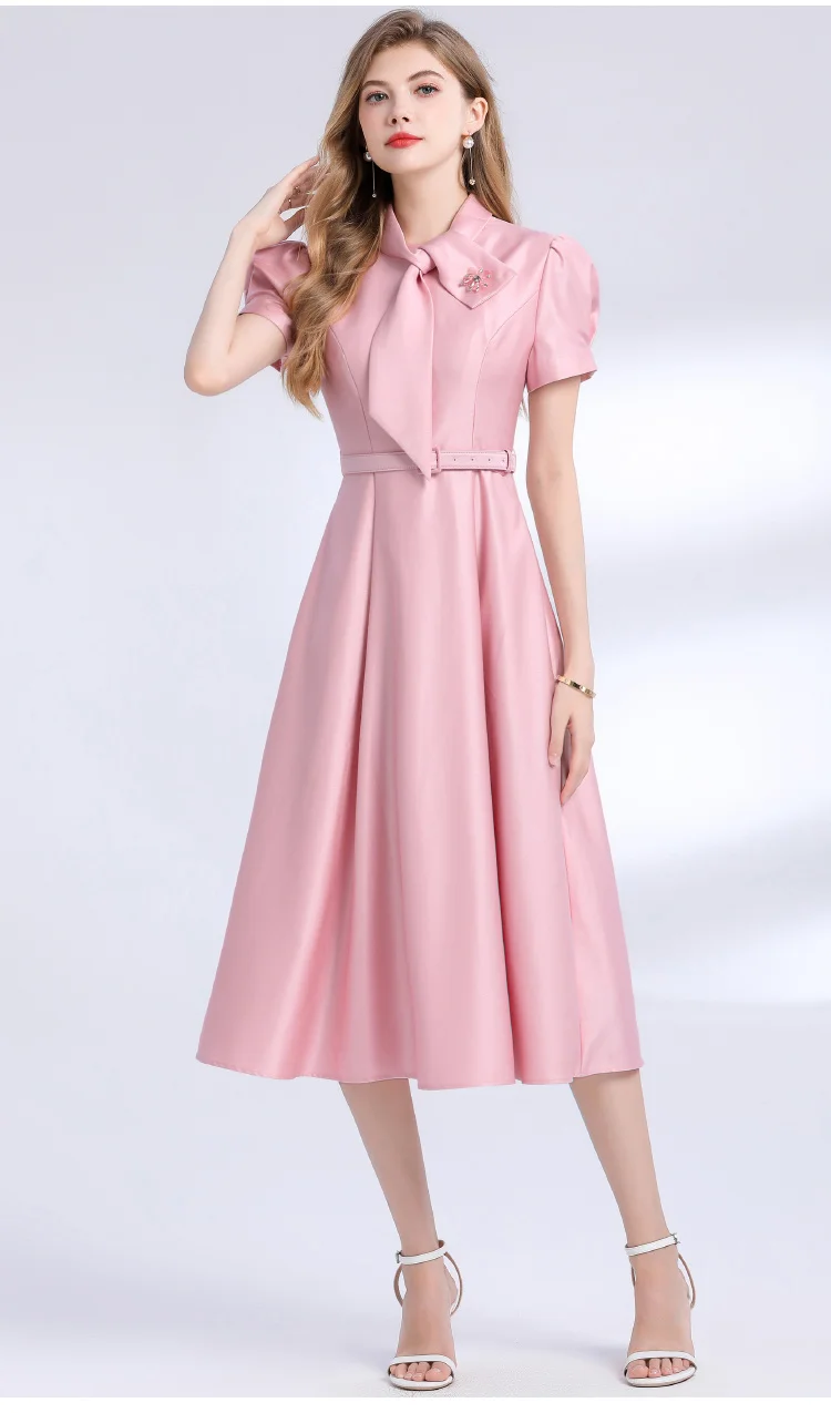 Elegant Temperament Satin Women's Dress New Fashion Solid Bow collar Beaded Slimming Waist Party Dresses