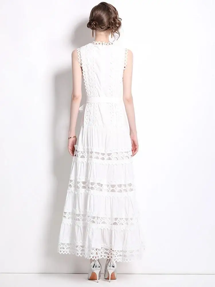 الصيف الدانتيل تقسم التطريز الدانتيل يصل حزام مساء رداء فستان المرأة بلا أكمام الجوف خارج الصلبة طويلة ملابس حفلات الزفاف