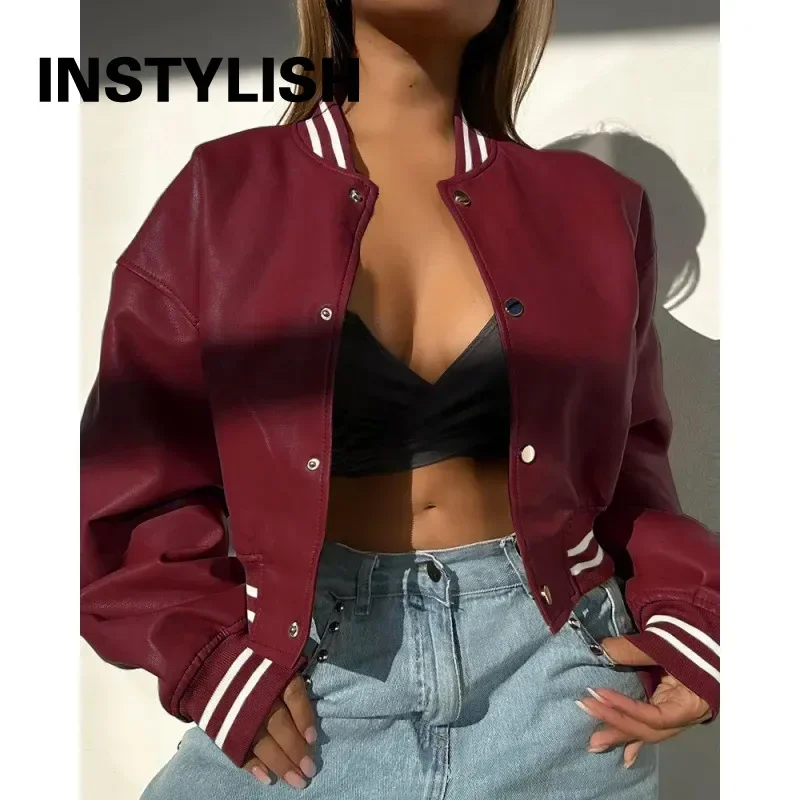 Y2K Women Cropped Bomber Jacket Faux PU Leather Striped Ribbed Trim Long Sleeve Snap Button Baseball Streetwear Short Coat