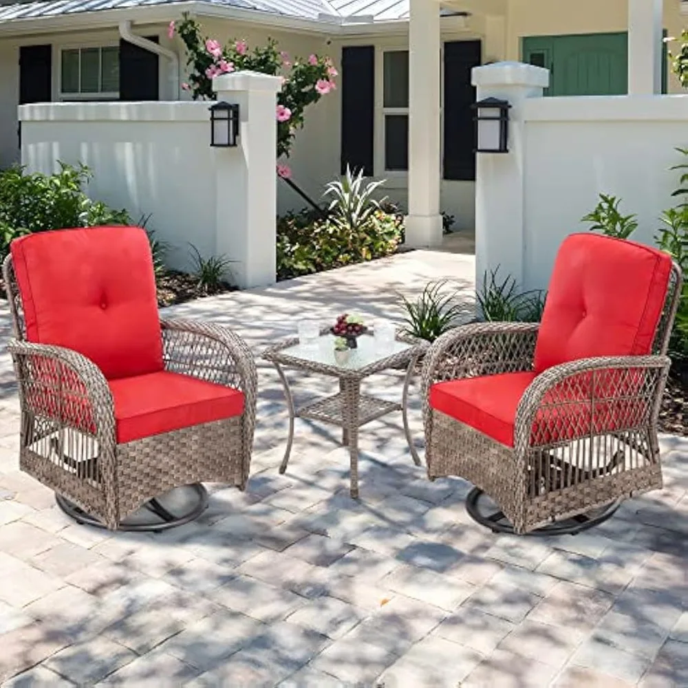 3-Piece Patio Wicker Swivel Rocking Chair Set, Outdoor Patio Furniture Chair with Side Coffee Table & Durable Fabric Cushion