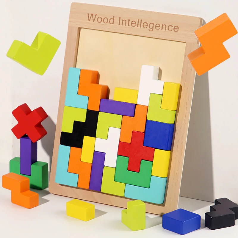 Wooden 3D Puzzles Blocks Brain Teasers Toy Tangram Colorful Jigsaw Game Preschool Educational Gift For Baby Toddlers Kids