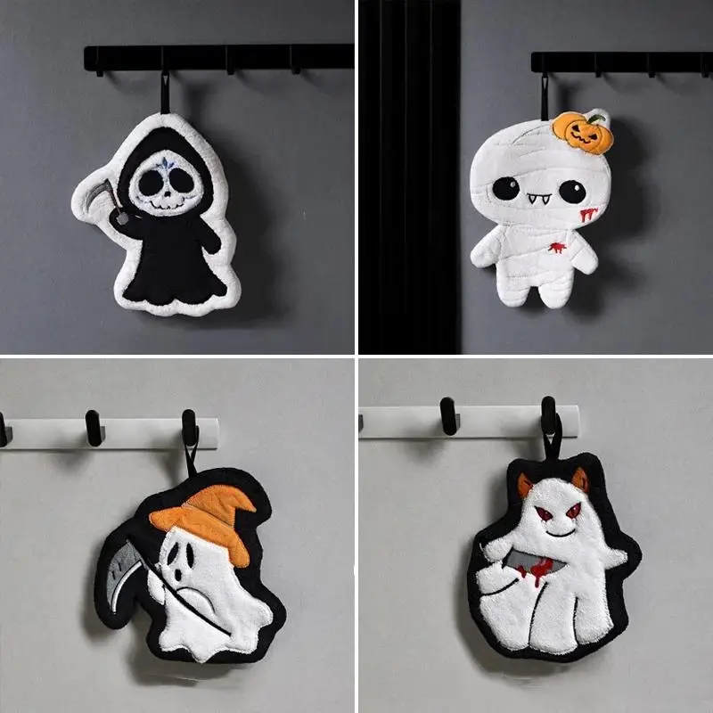 Coral Fleece Halloween Hand Towel Quick Dry Absorbent Hanging Rag Spooky Pattern Kitchen Bathroom Decor Cleaning Cloth