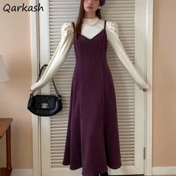 Retro Slip Dresses Women Autumn Winter Undrelay All-match V-neck Corduroy Sleeveless A-line Midi Simple Solid Loose Temperament