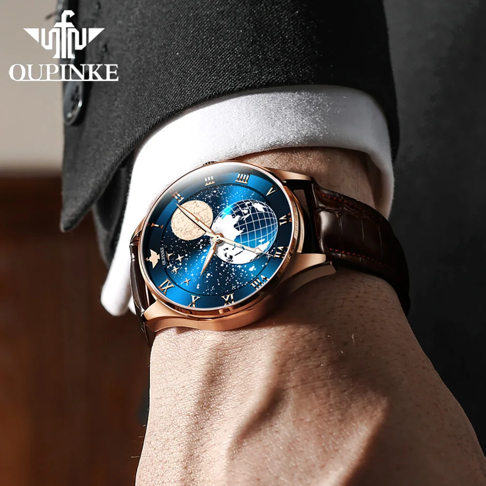 OUPINKE 3177 แบรนด์หรูผู้ชายอัตโนมัตินาฬิกา Moon Phase Starry Sky Dial HD Night Light นาฬิกากันน้ําผู้ชาย