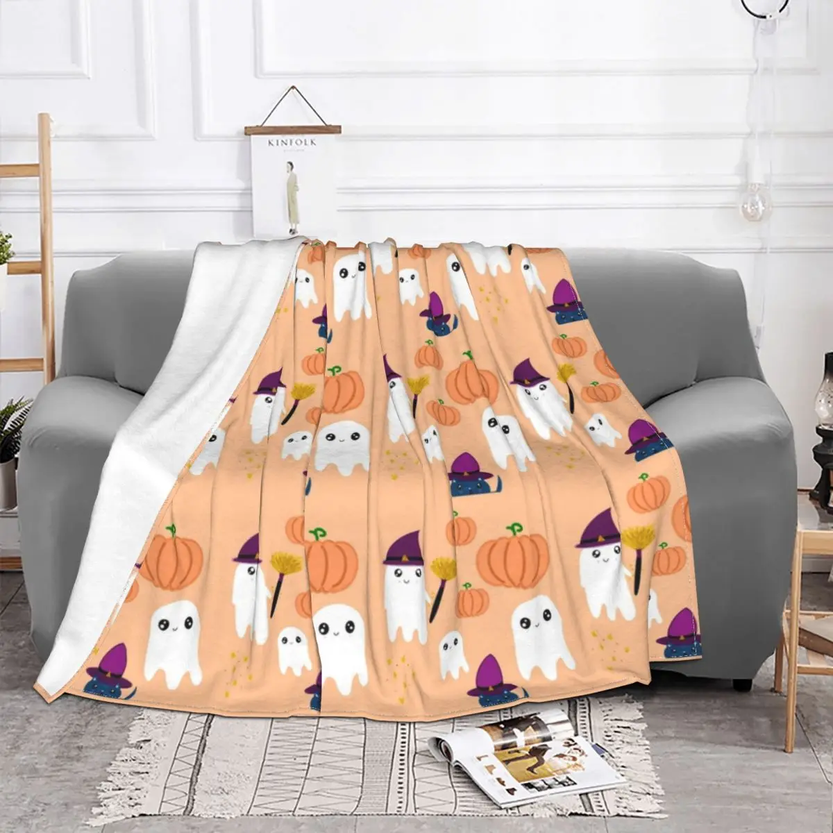 Cute Halloween Fall Ghosts Pumpkins And Cat Blankets Flannel Spring Autumn Party Soft Throw Blanket for Sofa Couch Rug Piece