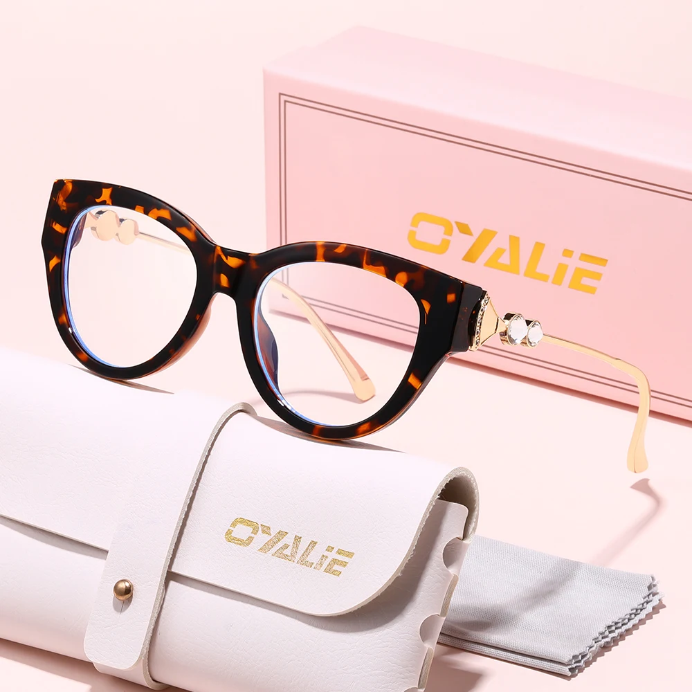 Oyalie マルチカラーのファッショナブルなキャットアイフレームメガネ、絶妙なラインストーンで装飾され、高級感を添え、さまざまな場面に適し、服装を補完します。