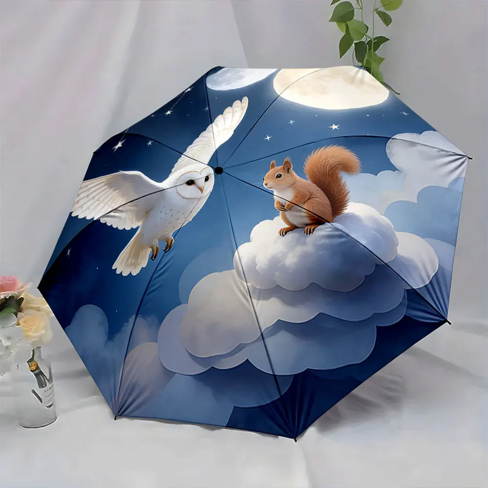 1PC Celestial Encounter: Owl and Squirrel Under Moonlight Print 8 Iron Ribs Folding Umbrella Auto-Open Fashion Sunshade