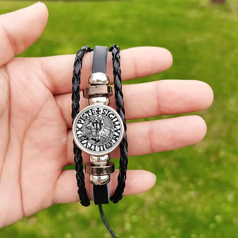 Hot Knights Templar Cross Bracelet for Men Unisex Masonic Symbol Glass Custom Pattern Woven Leather Bracelets Bangle