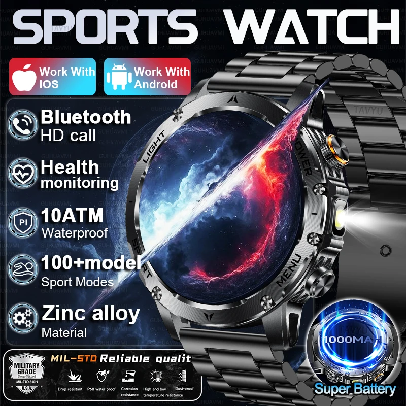 

2025 New Military 1.7 inches SmartWatch 1000Mah Battery Fitness Tracking 10ATM Waterproof Sport Flashlight call Bracelet For Men
