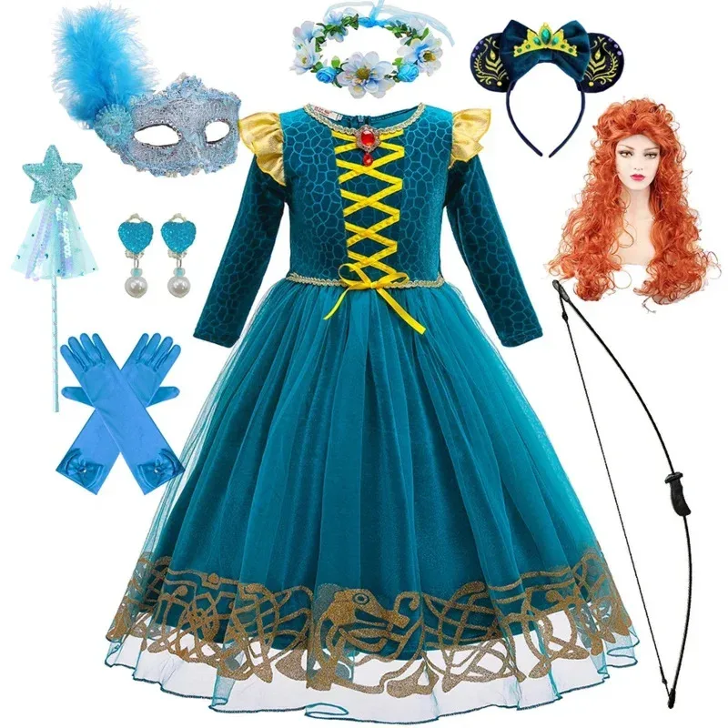 Brave Girl Merida Dress Children Cartoon Role Playing costume Kids Long Sleeve Princess Gown Carnival Halloween Party G2961