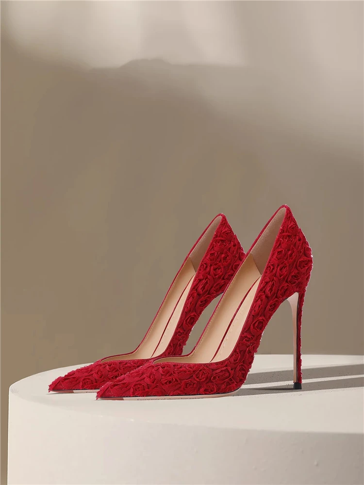 

Spring new pointed V-mouth three-dimensional lace mesh rose single shoes banquet dress small size thin-heeled women's shoes