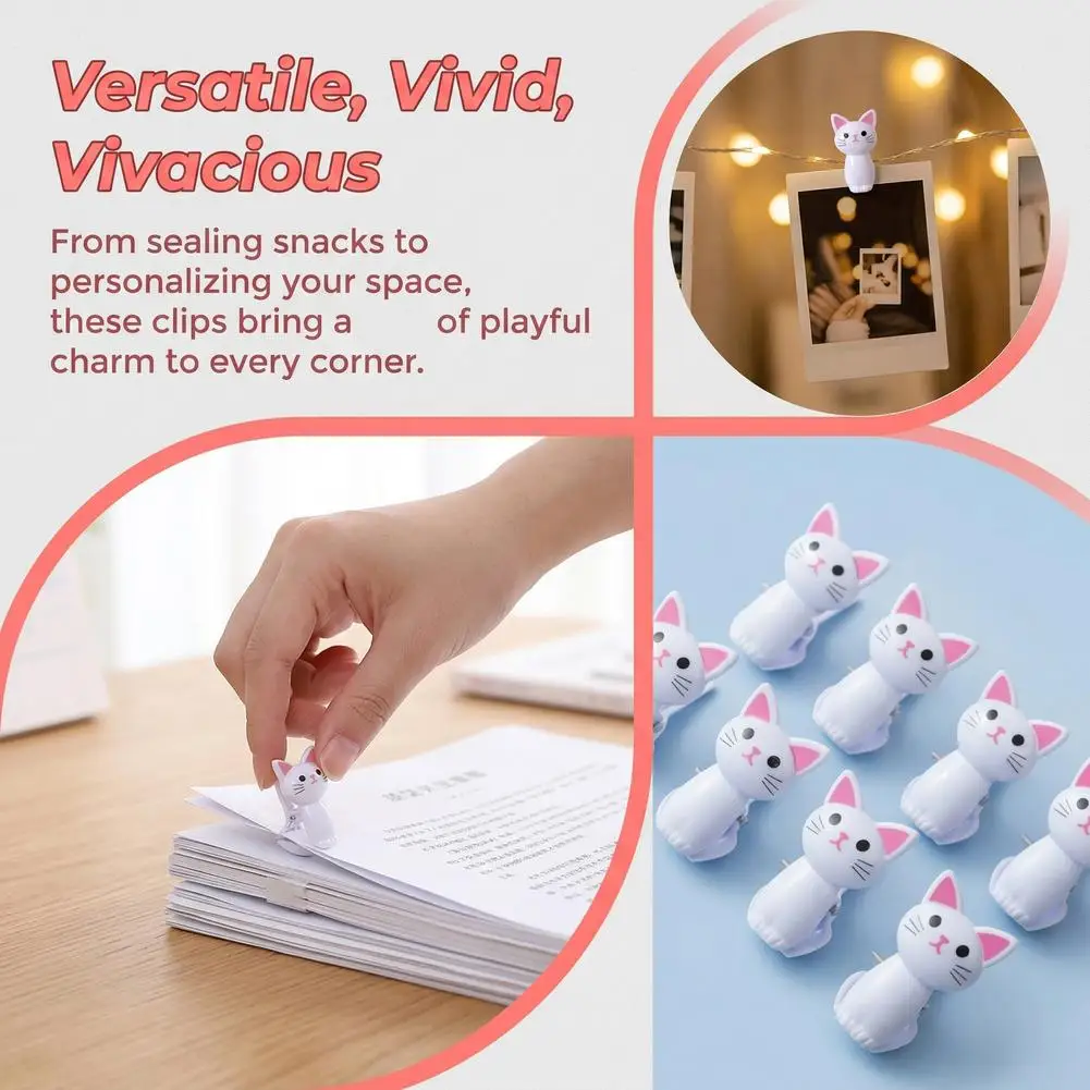 8Pcs Cat Shape Food Sealing Bag Clips Plastic Hanging Clothes Sock Clamps Office Desk Clip Photo Message Snack Storage Clamps