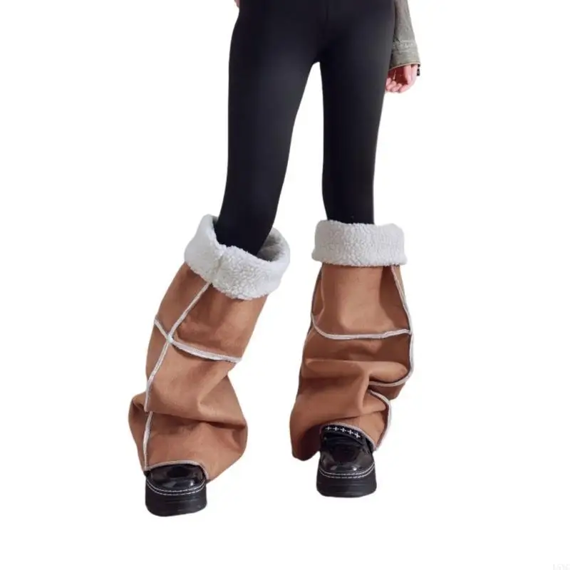 L5YC Women Faux Suedes Over Knee Leg Warmers Stockings Fleece Lined Flared Thigh High Leg Covers Footless Socks Streetwear