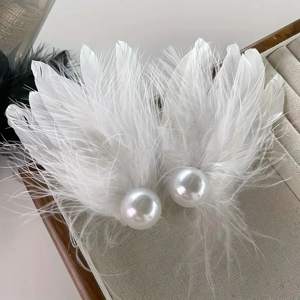 2Pcs/Set Fairy Elegant White Feather Hairpin Sweet Hairwear Pearl Fluffy Girl Side Clip Ballet Decor Barrette Hair Accessories