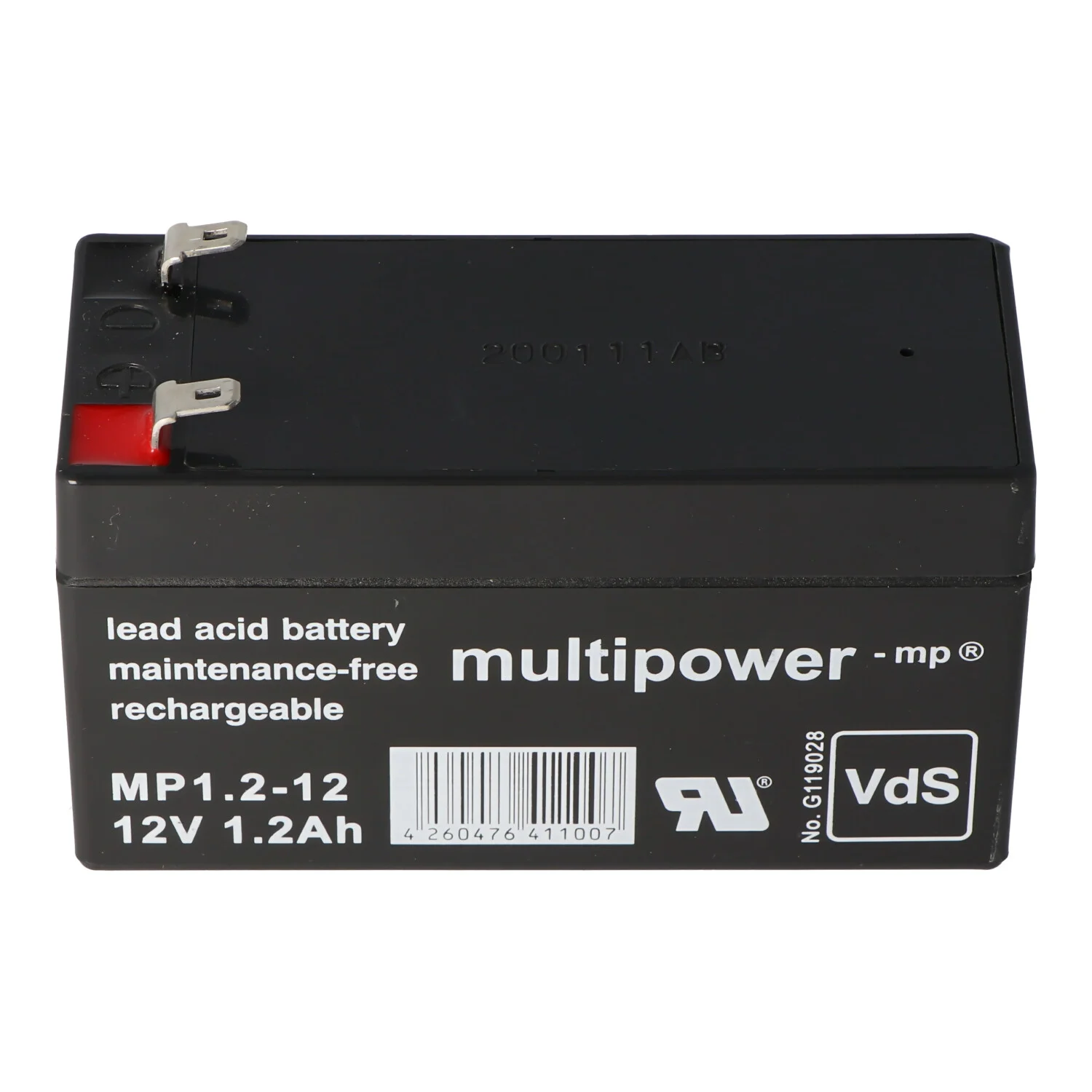 

Multipower MP1.2-12 Lead-acid battery with 4.8mm Faston plug contacts with VDS approval Dimensions 97.00x43.00x53.00mm