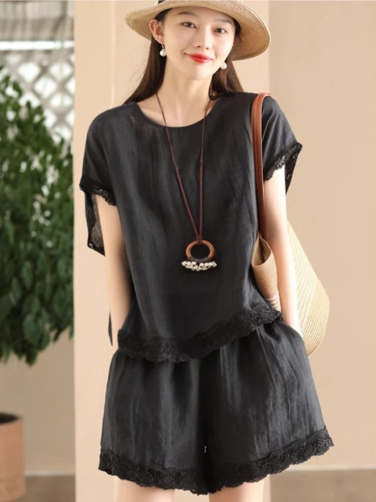 

Премиальный хлопково-льняной женский летний повседневный комплект: модная свободная футболка и шорты с широкими штанинами, однотонный комплект из двух предметов высокого качества