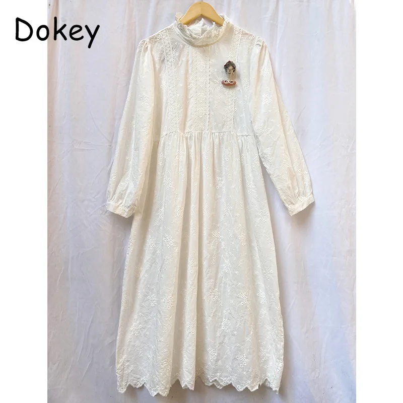 Vintage Embroidery White Long Sleeve Dress For Women Autumn Japan Style Mori Girl Stand Collar Cotton Linen Dress Casual Vestido