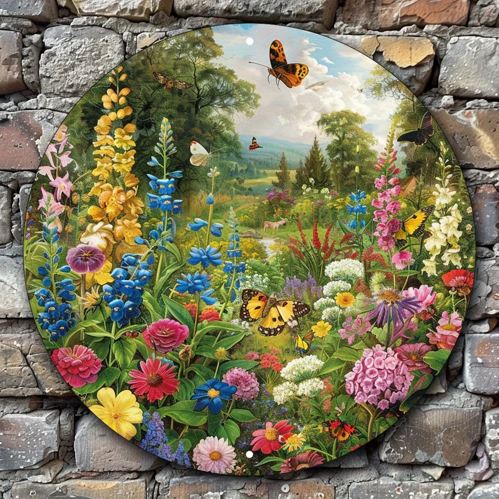 1pc of Room Decoration Featuring a Lively American Garden Scene in Aluminum Wall Art, Measuring 8X8 Inches (20X20 Cm). This Colo